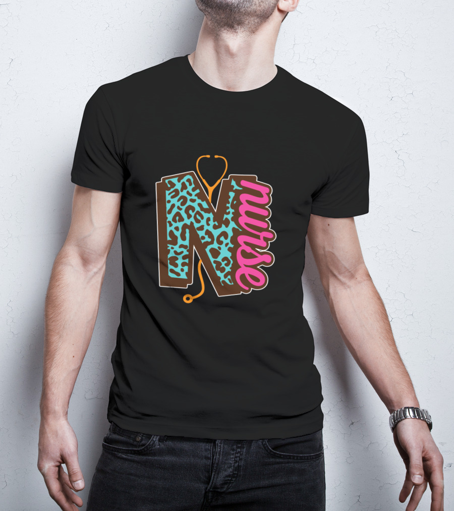 Nurse Leopard Print Stethoscope Lettering T-Shirt