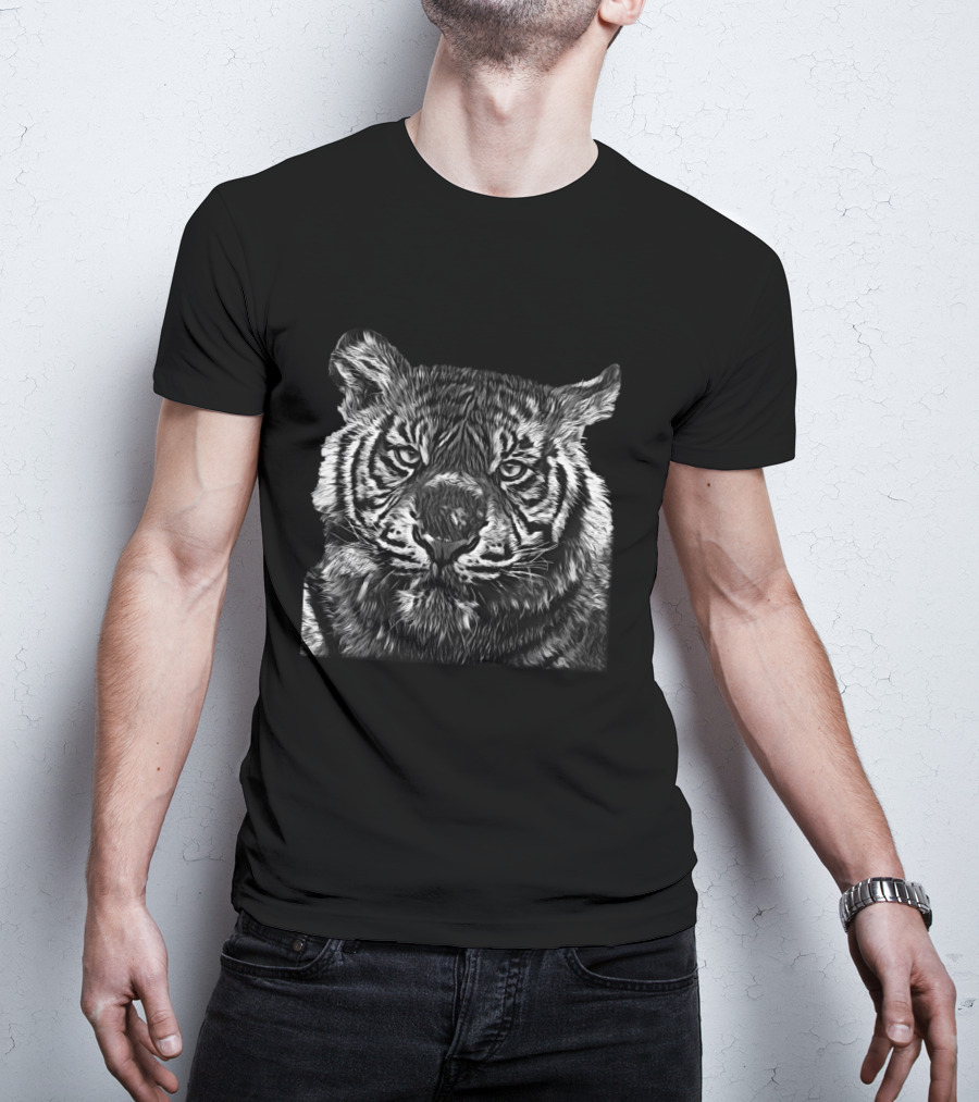 Tiger Large Cat Jungle Wildlife Black White T-Shirt