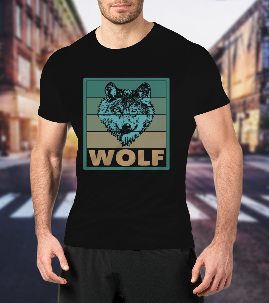 Wolf Wildlife Retro Striped T-Shirt