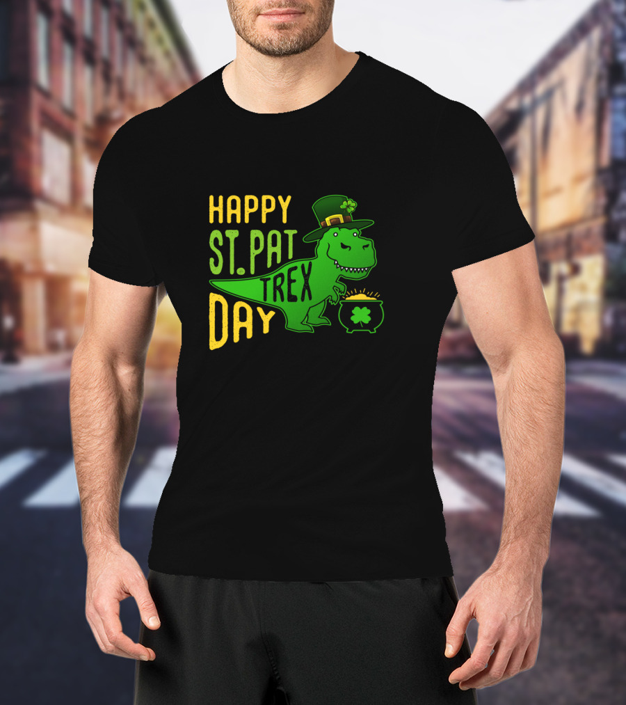 Happy St Pat Day T-Rex Dinosaur With Hat And Pot Of Gold T-Shirt
