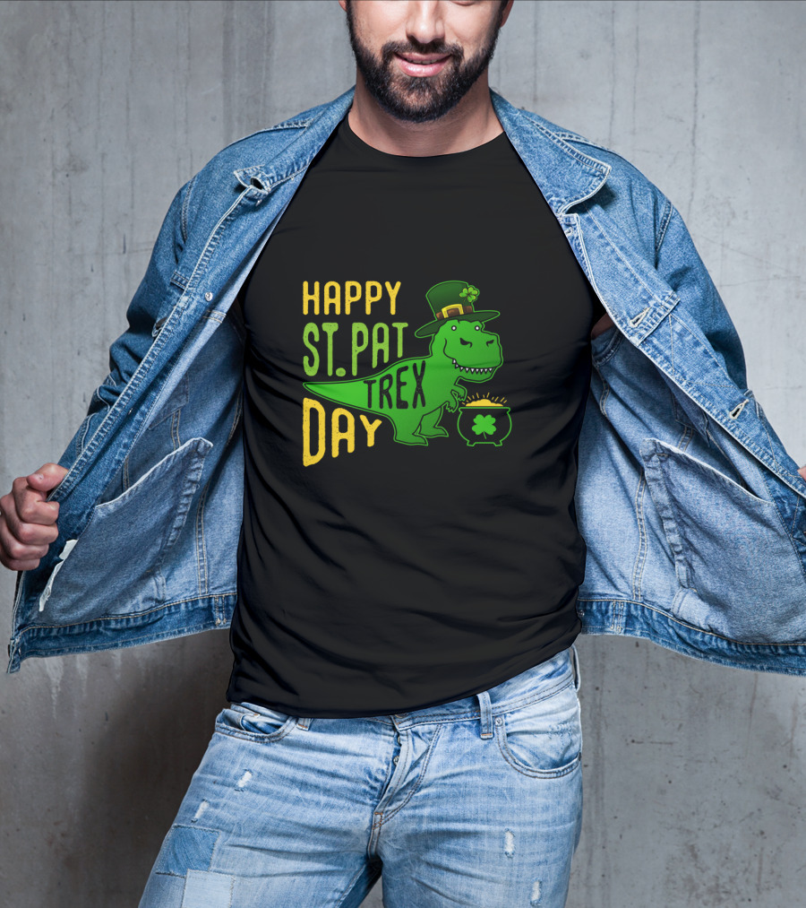 Happy St Pat Day T-Rex Dinosaur With Hat And Pot Of Gold T-Shirt