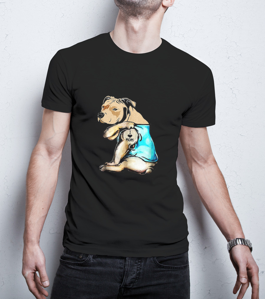 Pit Bull I Love Mom Tattooed Dog In Blue T-Shirt