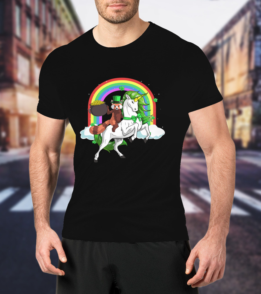 Red Panda Holding Gold On Lepricorn Unicorn With Rainbow T-Shirt