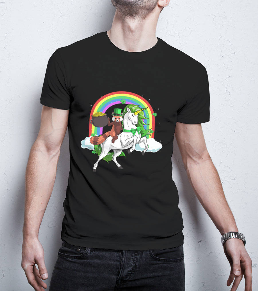 Red Panda Holding Gold On Lepricorn Unicorn With Rainbow T-Shirt