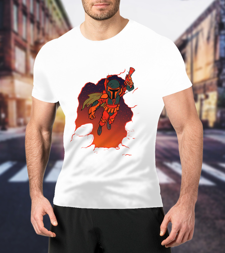 Star Wars Boba Fett Illustrated Blast Mandalorian Jetpack Fire Burst T-Shirt