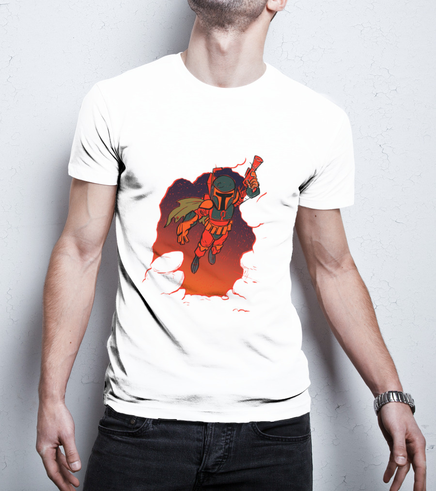 Star Wars Boba Fett Illustrated Blast Mandalorian Jetpack Fire Burst T-Shirt