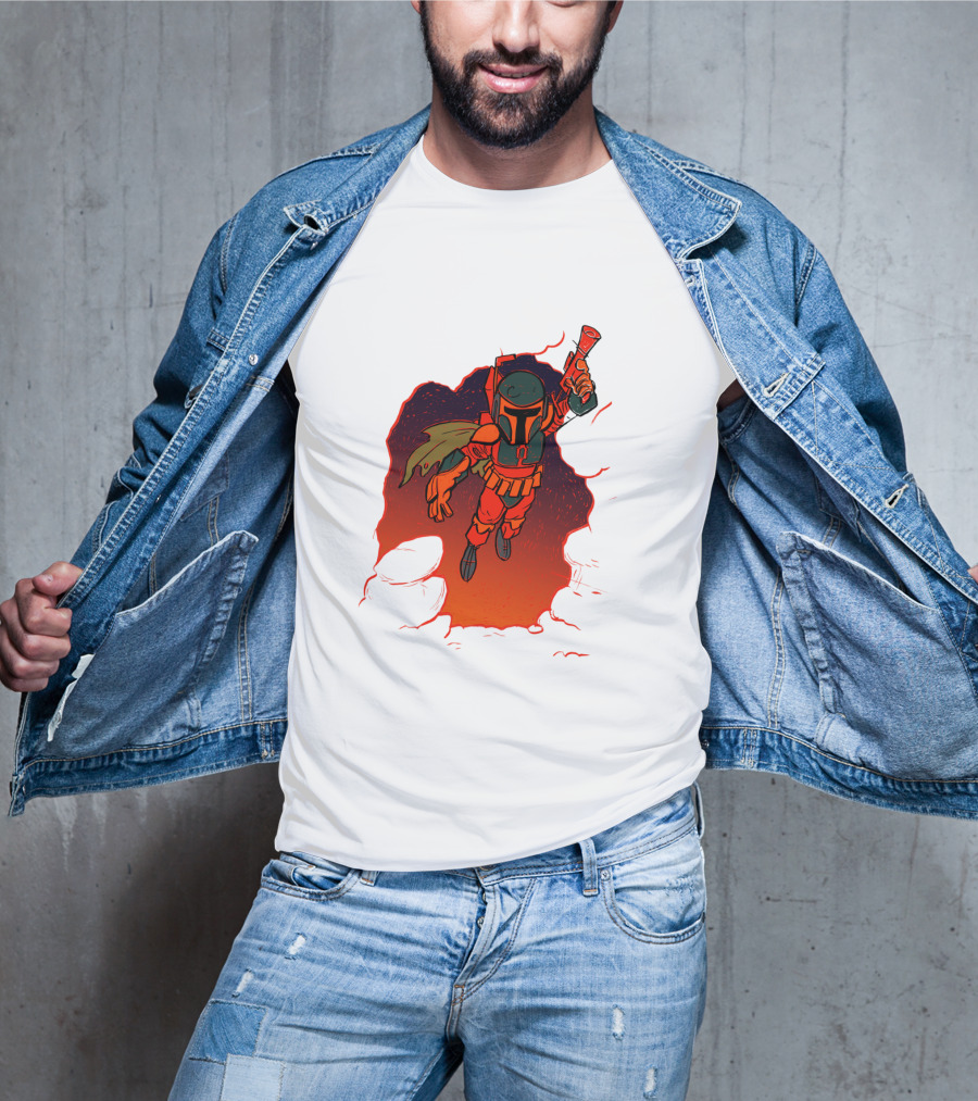Star Wars Boba Fett Illustrated Blast Mandalorian Jetpack Fire Burst T-Shirt
