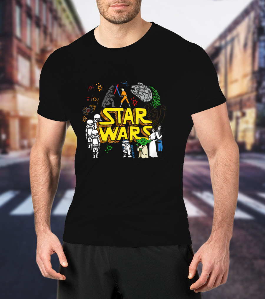 Star Wars Colorful Multi Character Doodle Millennium Falcon Darth Vader Yoda R2-D2 Stormtroopers T-Shirt