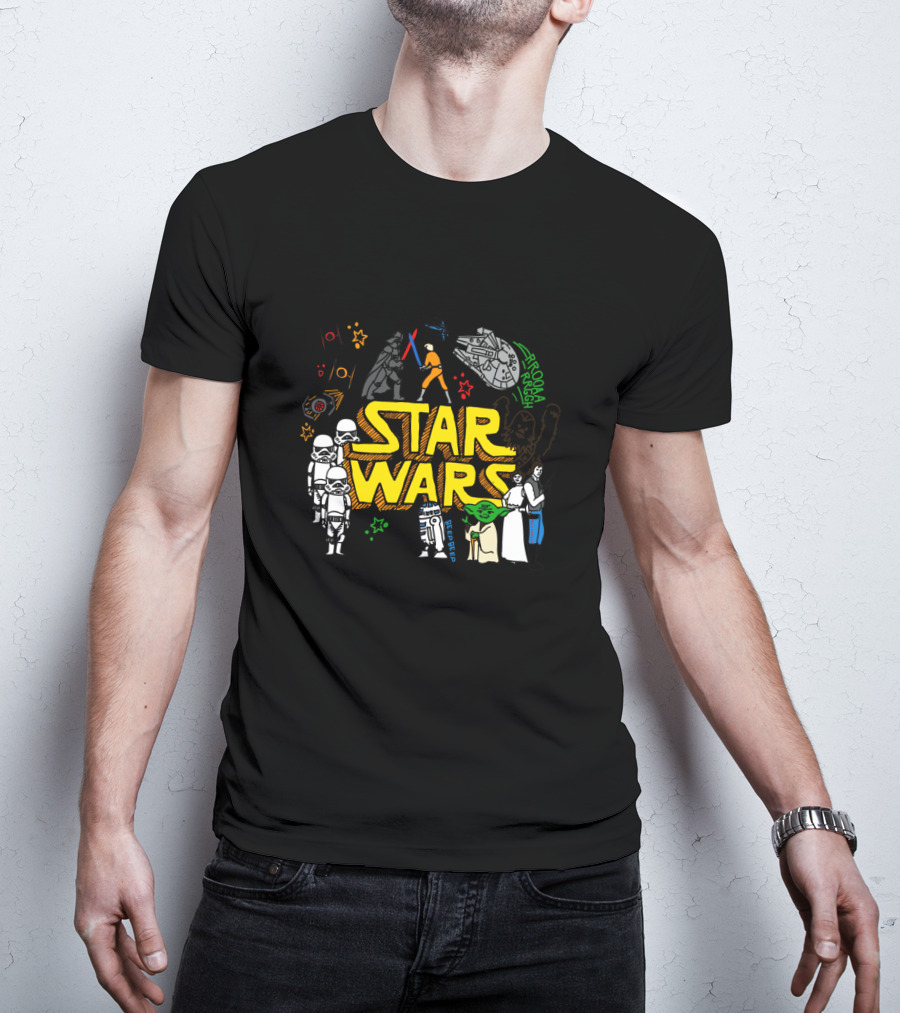 Star Wars Colorful Multi Character Doodle Millennium Falcon Darth Vader Yoda R2-D2 Stormtroopers T-Shirt