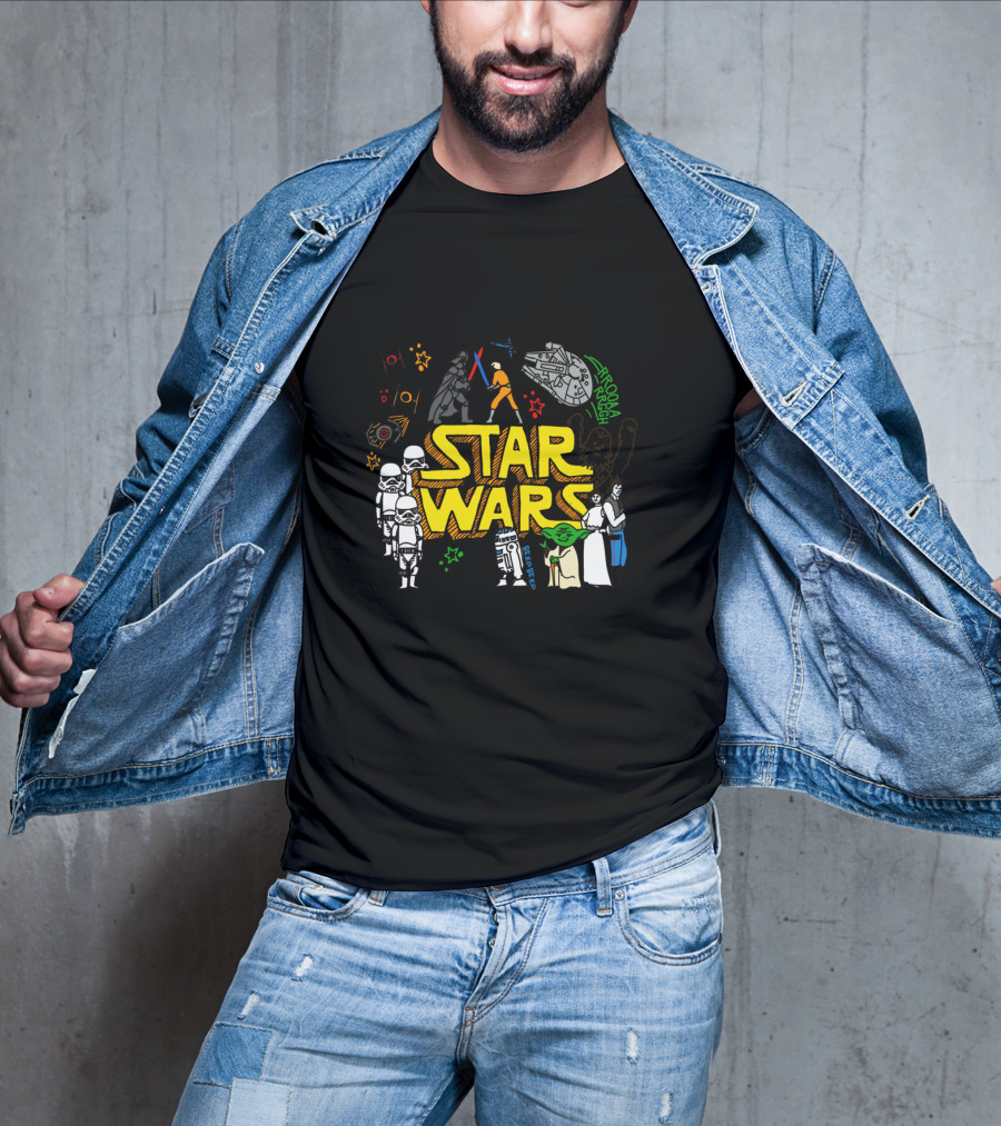 Star Wars Colorful Multi Character Doodle Millennium Falcon Darth Vader Yoda R2-D2 Stormtroopers T-Shirt
