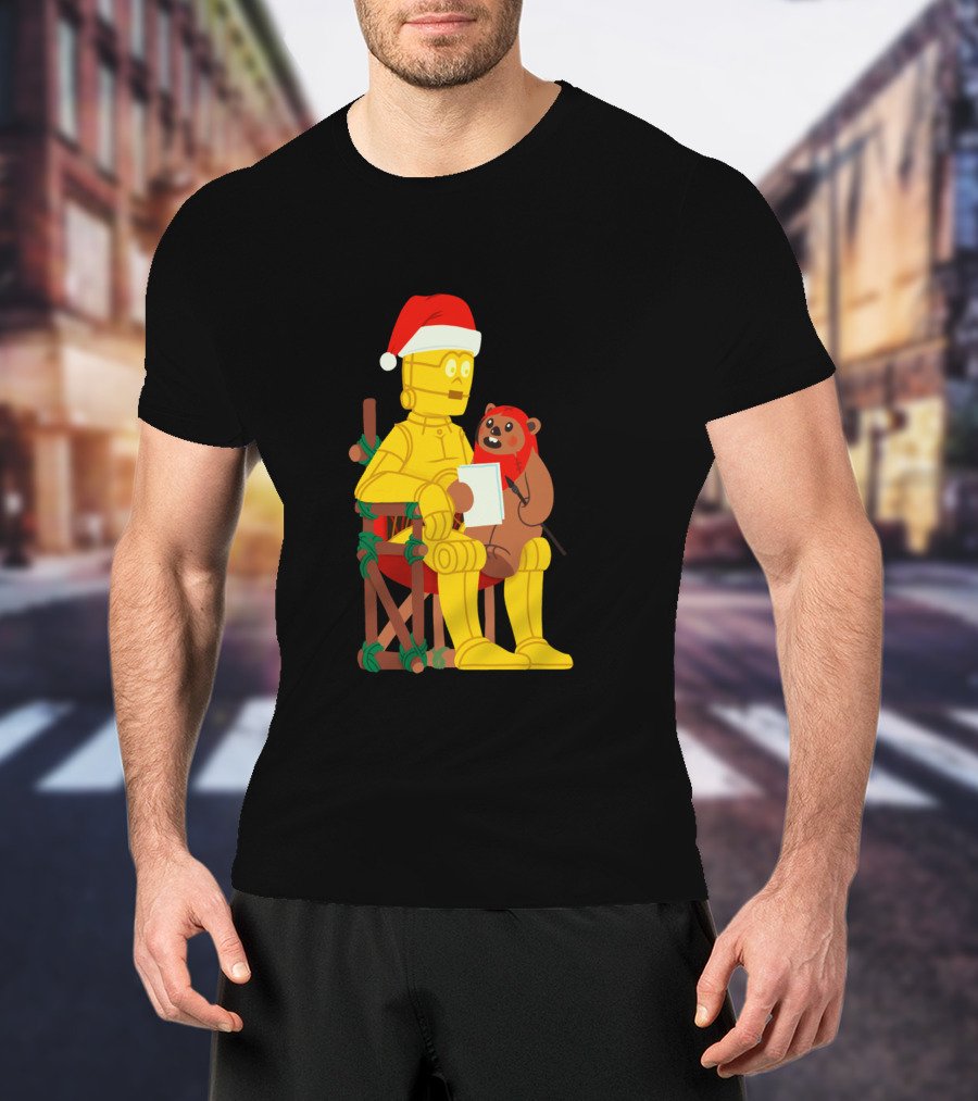 Star Wars Holiday Santa C 3PO And Ewok Christmas Chair Scene T-Shirt