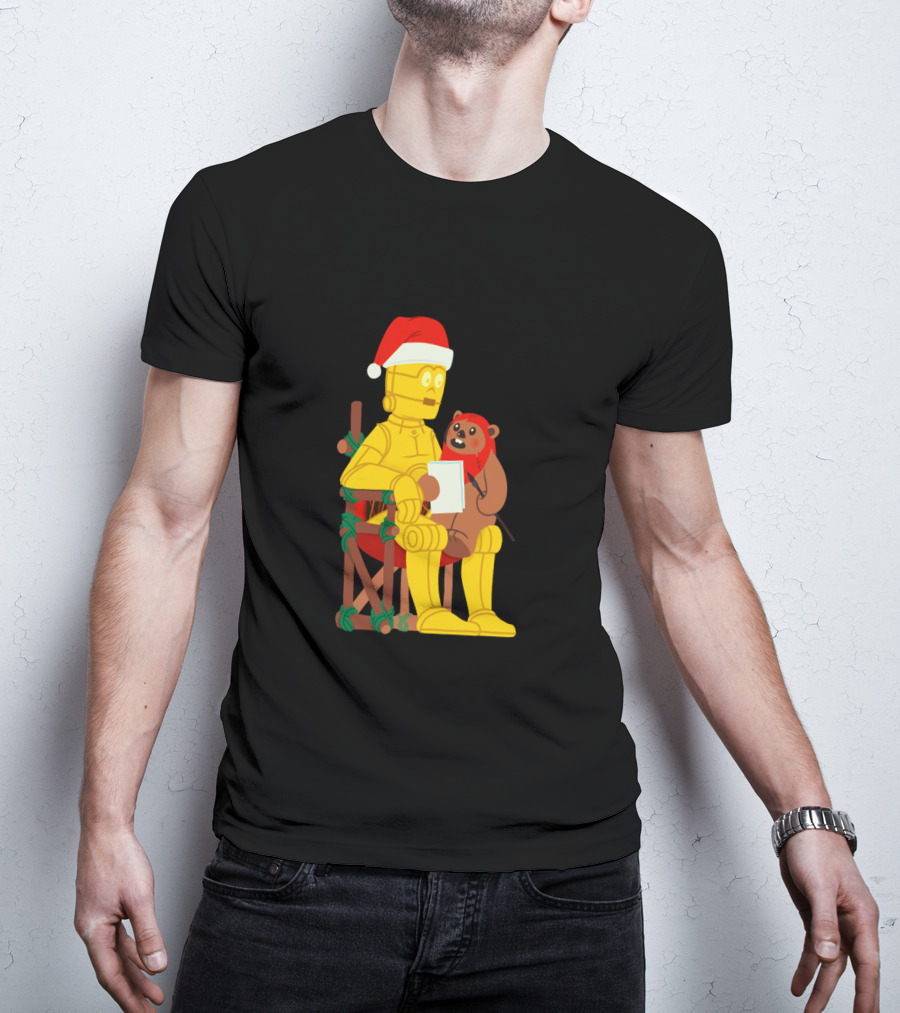 Star Wars Holiday Santa C 3PO And Ewok Christmas Chair Scene T-Shirt