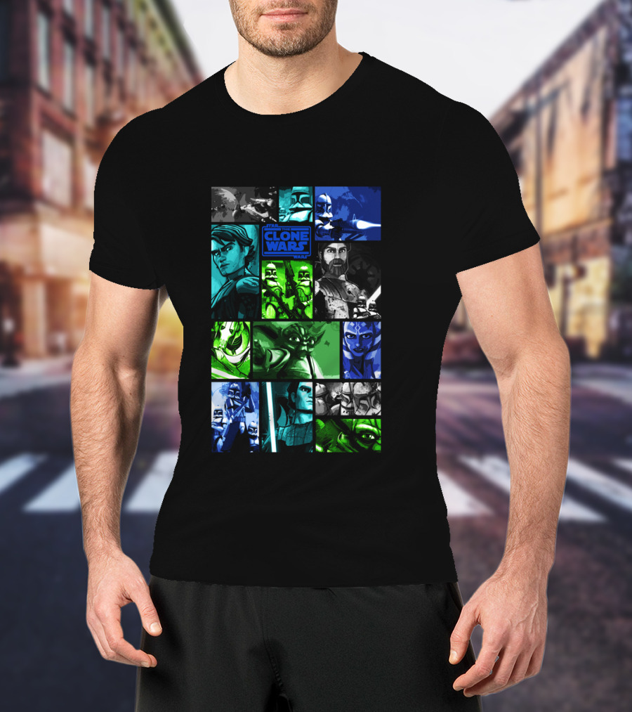 Star Wars The Clone Wars Character Montage Panels Featuring Iconic Heroes And Villains T-Shirt
