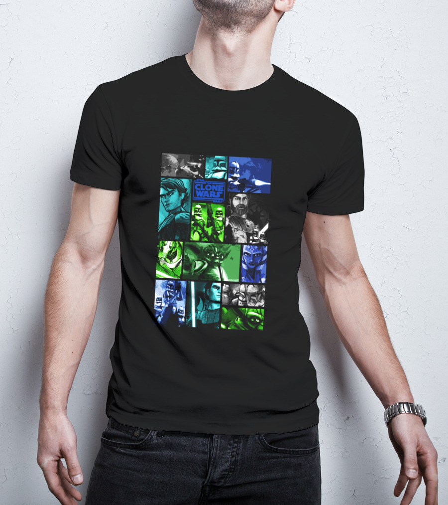 Star Wars The Clone Wars Character Montage Panels Featuring Iconic Heroes And Villains T-Shirt