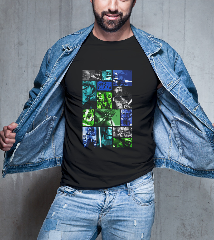 Star Wars The Clone Wars Character Montage Panels Featuring Iconic Heroes And Villains T-Shirt