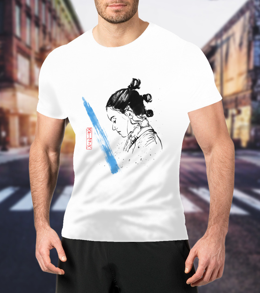 Star Wars The Last Jedi Rey Watercolor Sketch Profile With Blue Brushstroke And Red Kanji Markings T-Shirt