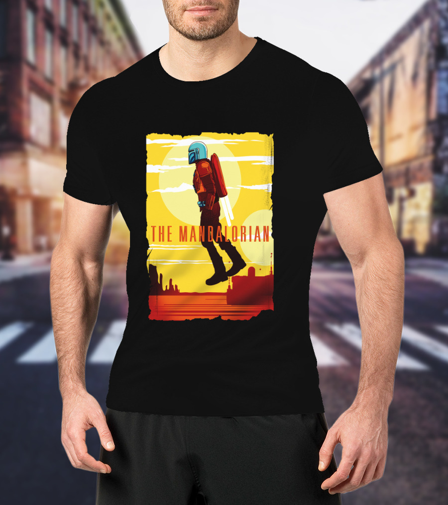 The Mandalorian Jet Pack Floating Scene With Yellow T-Shirt