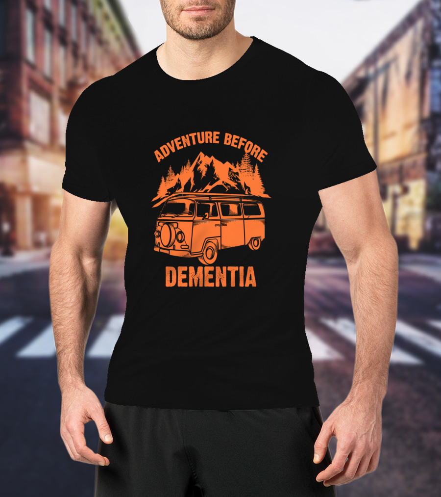 Adventure Before Dementia Vintage Camper Van Mountain Scene T-Shirt