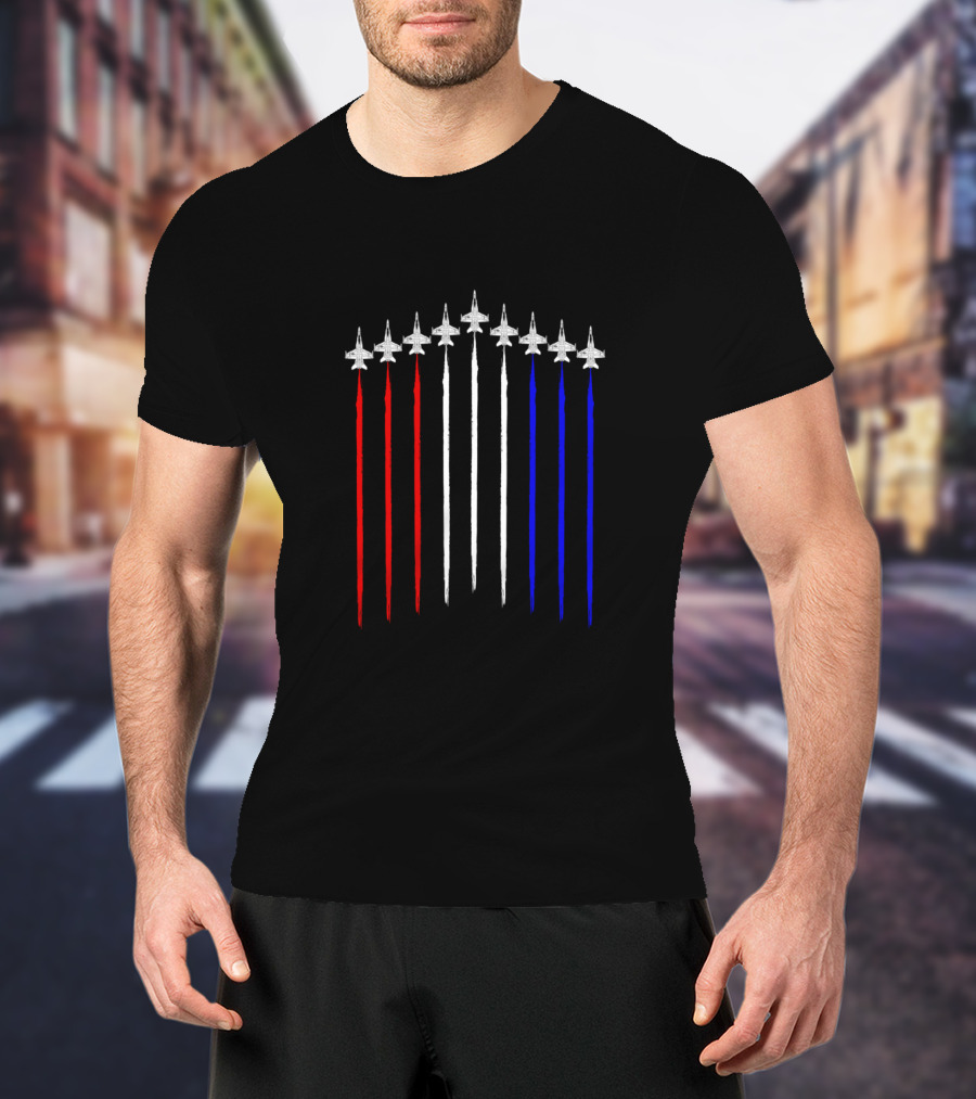 F18 Hornet Schematic Contrails In Red White Blue USA Flag T-Shirt
