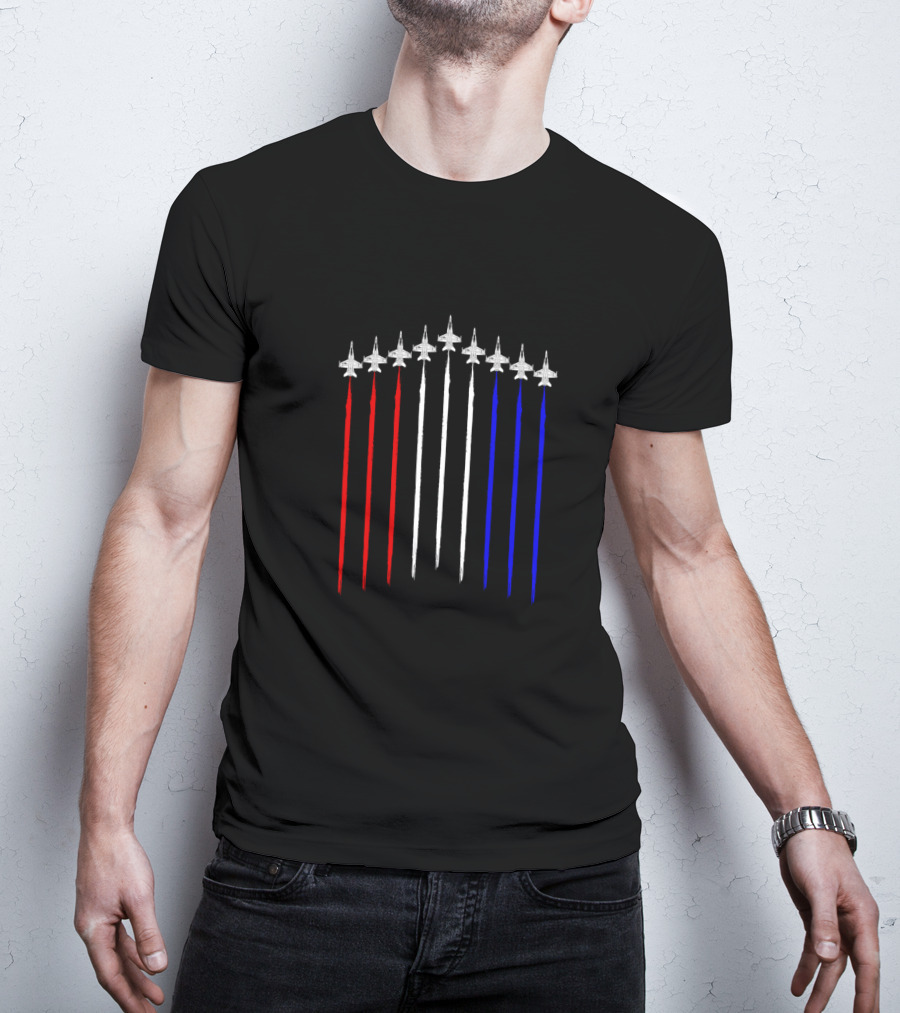 F18 Hornet Schematic Contrails In Red White Blue USA Flag T-Shirt