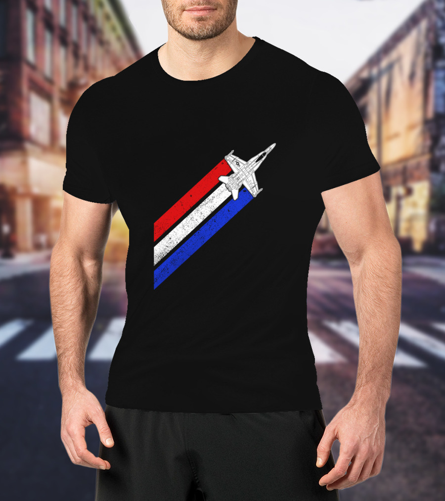 F18 Hornet Airplane Schematic Red White Blue Vintage Stripes T-Shirt