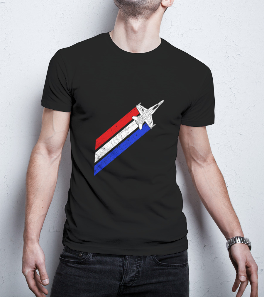 F18 Hornet Airplane Schematic Red White Blue Vintage Stripes T-Shirt