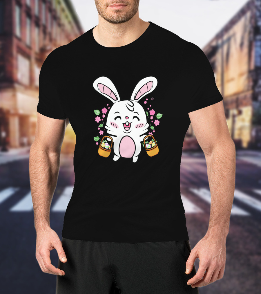 Kids Easter Bunny With Baskets Cute Egg Hunt Colorful Spring Flowers T-Shirt