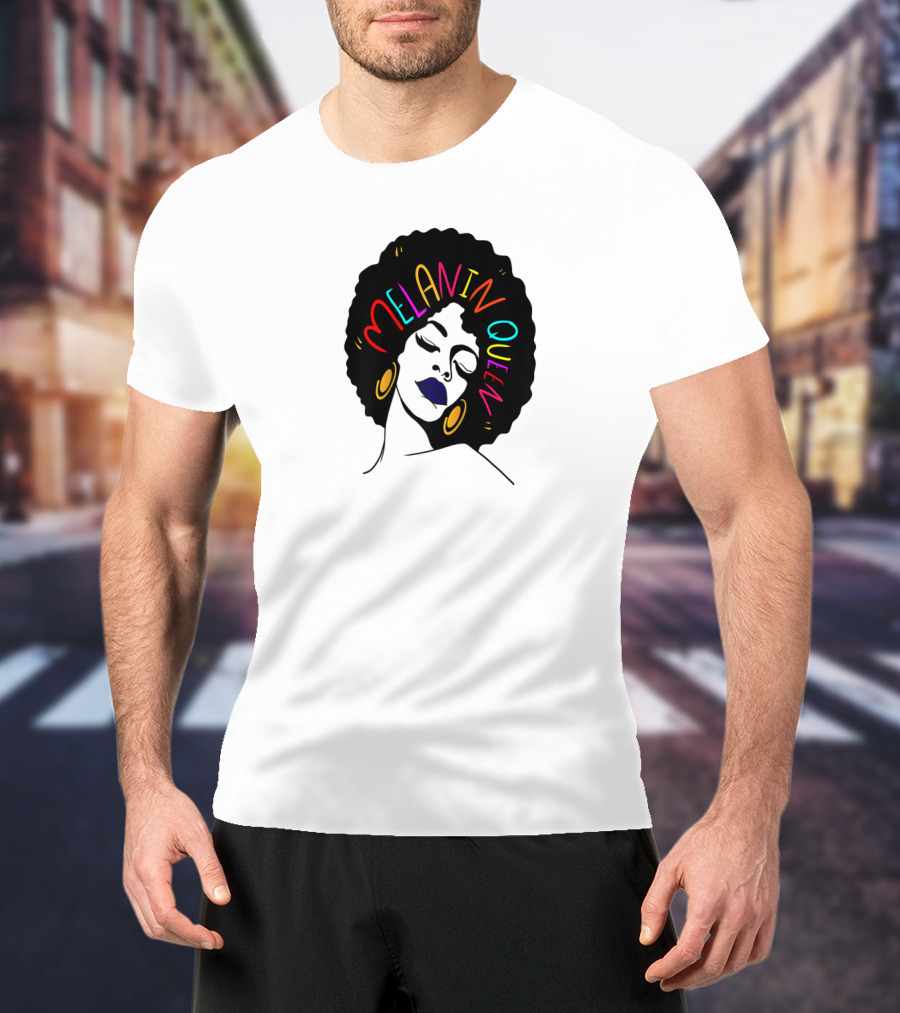 Melanin Queen Afro American Afro Latina Proud Black Woman Raglan Afro Hairstyle Bold Colors Gold Hoop Earrings T-Shirt