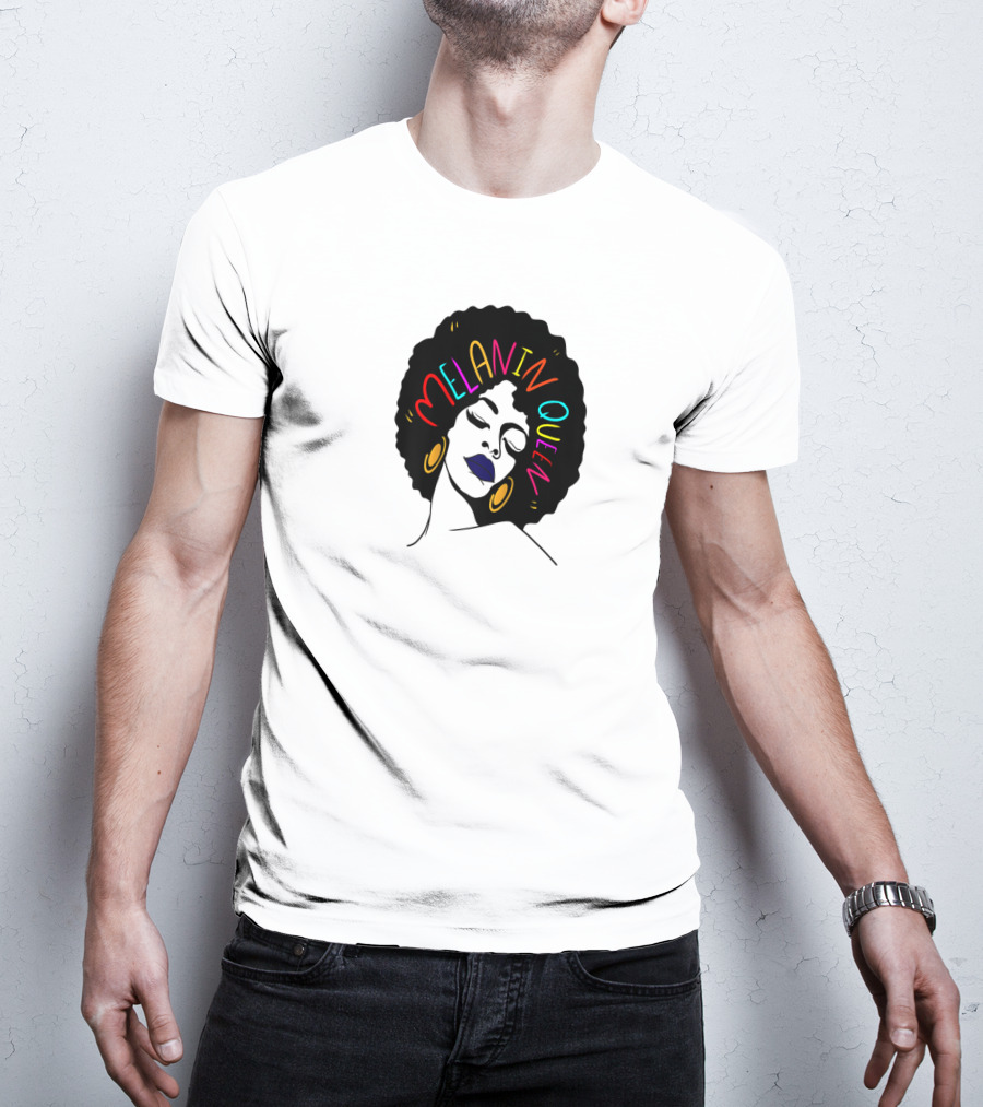 Melanin Queen Afro American Afro Latina Proud Black Woman Raglan Afro Hairstyle Bold Colors Gold Hoop Earrings T-Shirt