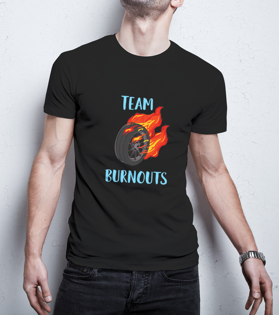 Team Burnouts Gender Reveal Party Idea Baby Boy Reveal Flame Tire T-Shirt