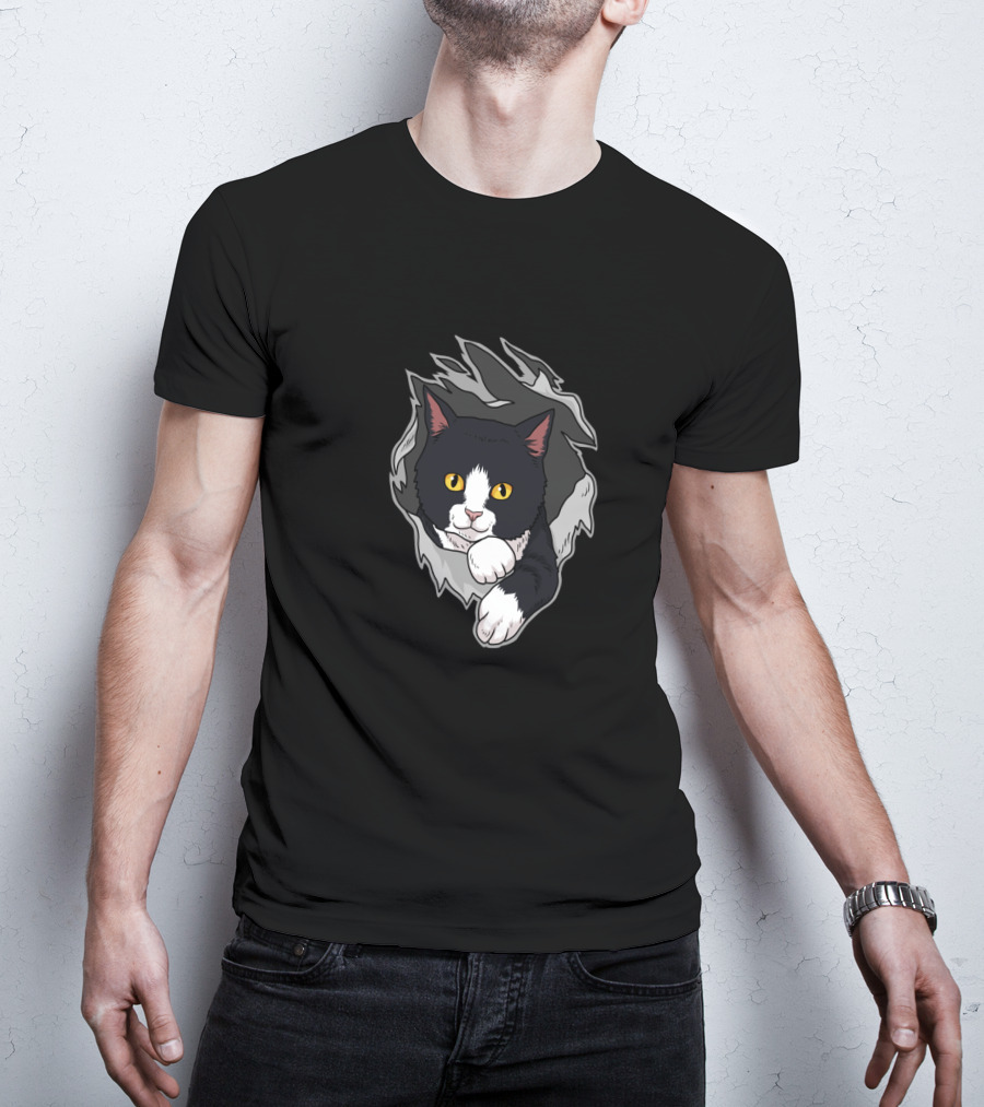 Tuxedo Cat Breaking Through For Women Men And Kitten Lovers T-Shirt