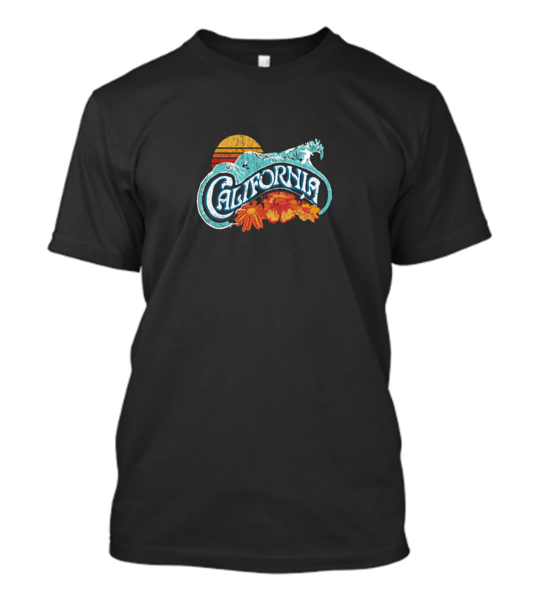 Retro Surf Wave California 80's Sunburst And Florals T-Shirt