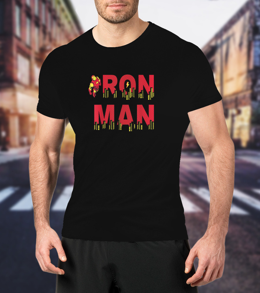 Marvel Iron Man Text City Skyline Hero T-Shirt