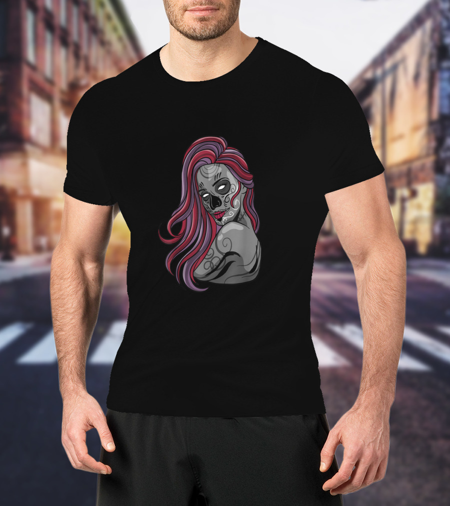 Zombie Girl Cute Undead Living Dead With Pink Hair And Skull Face T-Shirt