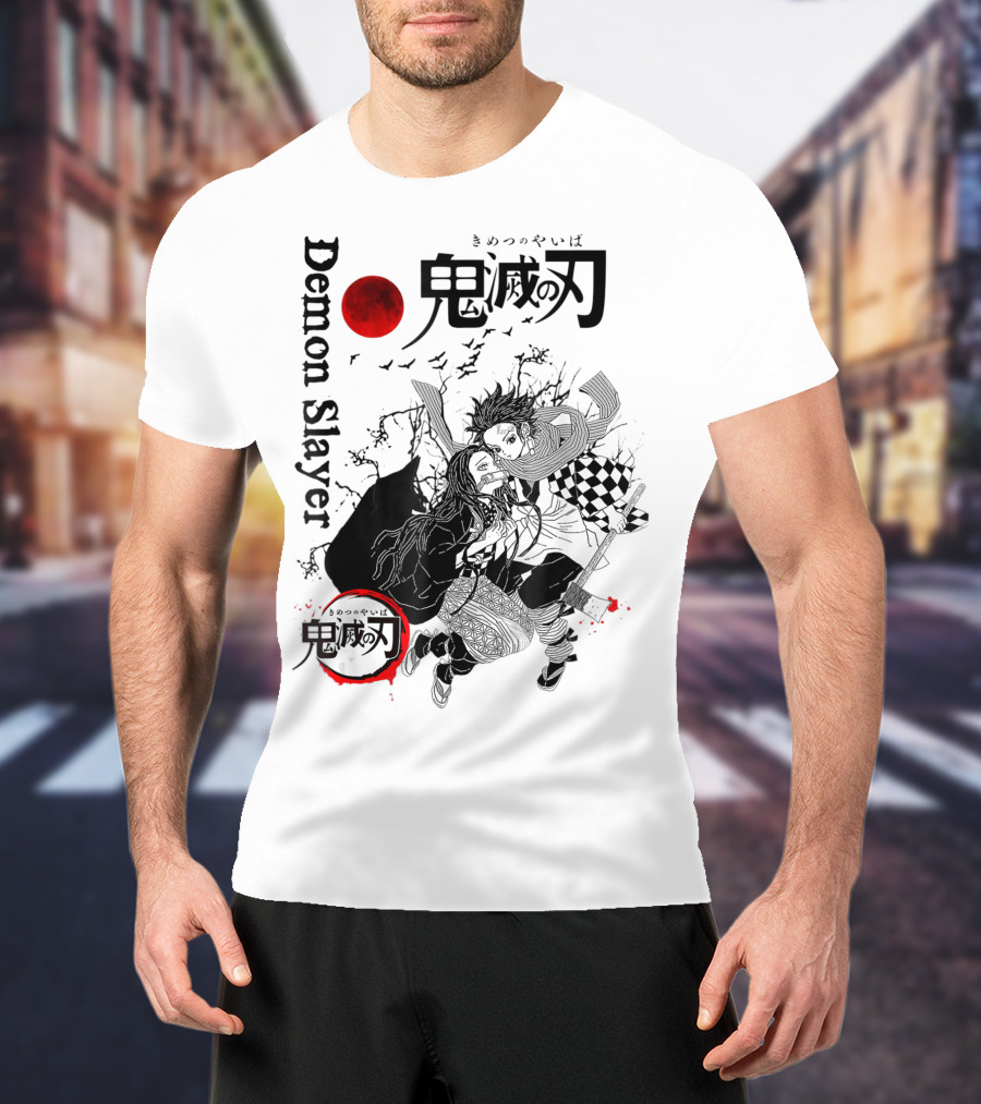 Demon Slayer Black And White Arts Anime With Red Moon T-Shirt