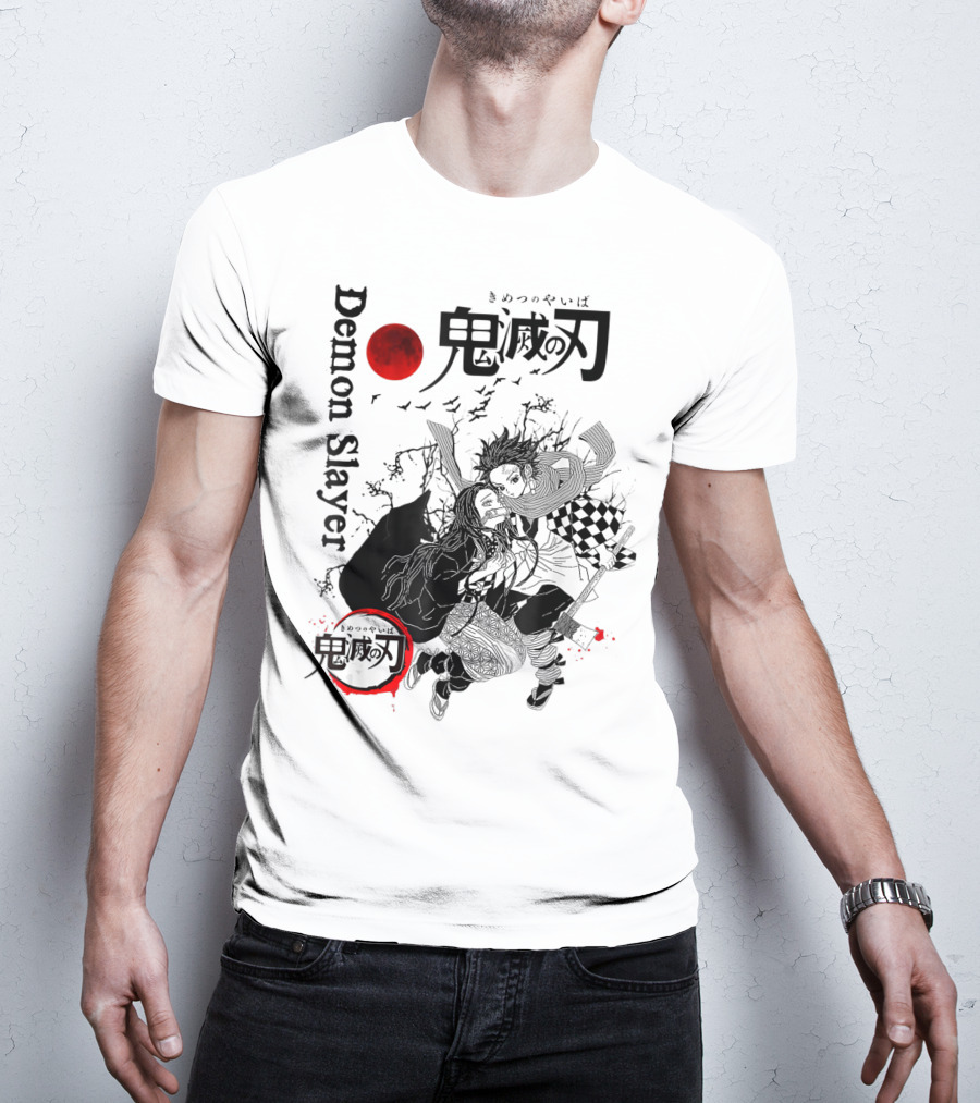 Demon Slayer Black And White Arts Anime With Red Moon T-Shirt