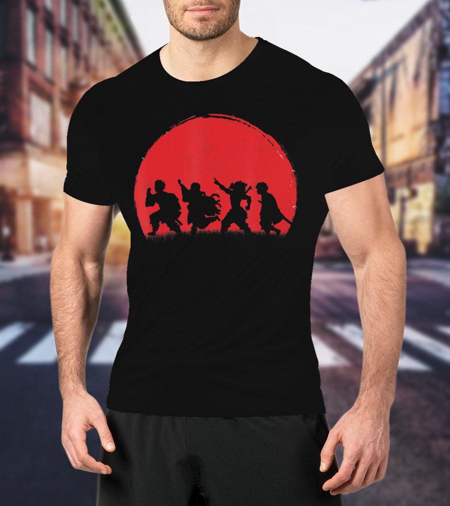 Cute Anime Demon Slayers Silhouette Against Blood Moon T-Shirt
