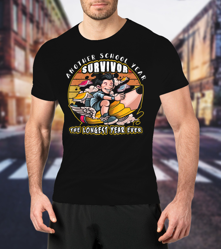 Another School Year Survivor The Longest Year Ever Retro Cartoon Pencil Ride T-Shirt