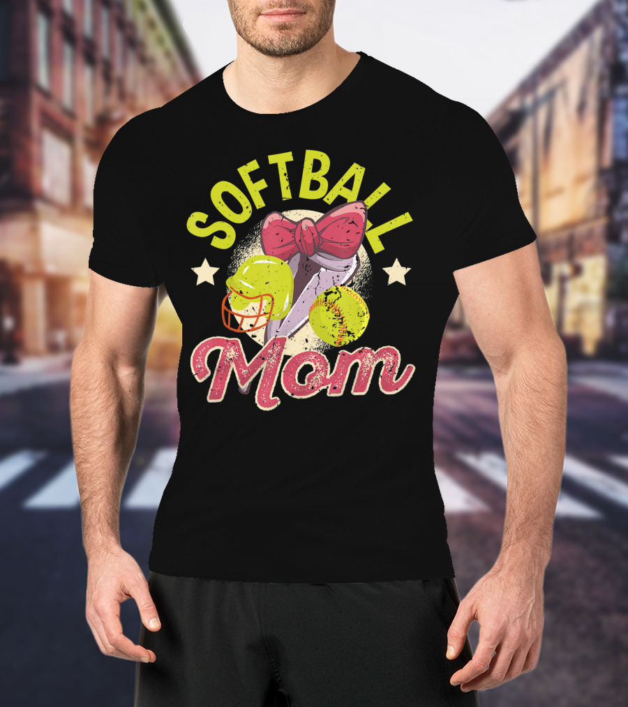 Softball Mom Mother's Day Softball Mama Bow Helmet Ball T-Shirt