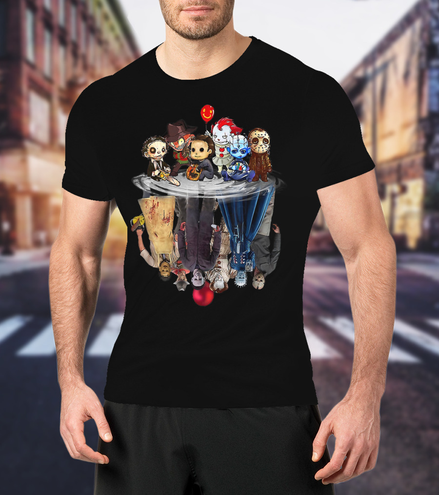 Cute Horror Movie Chibi Character Water Reflection Iconic Figures T-Shirt