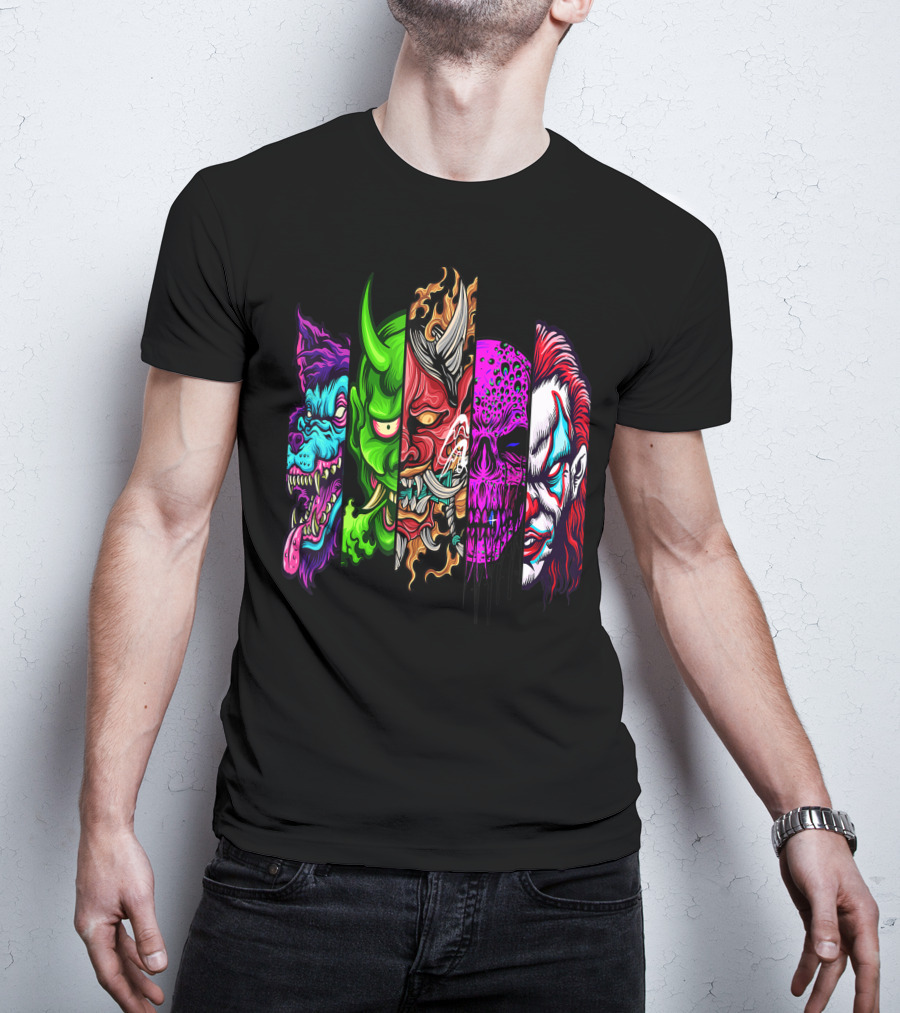 Evil Demons Horror Creatures Scary Halloween Monster Faces T-Shirt