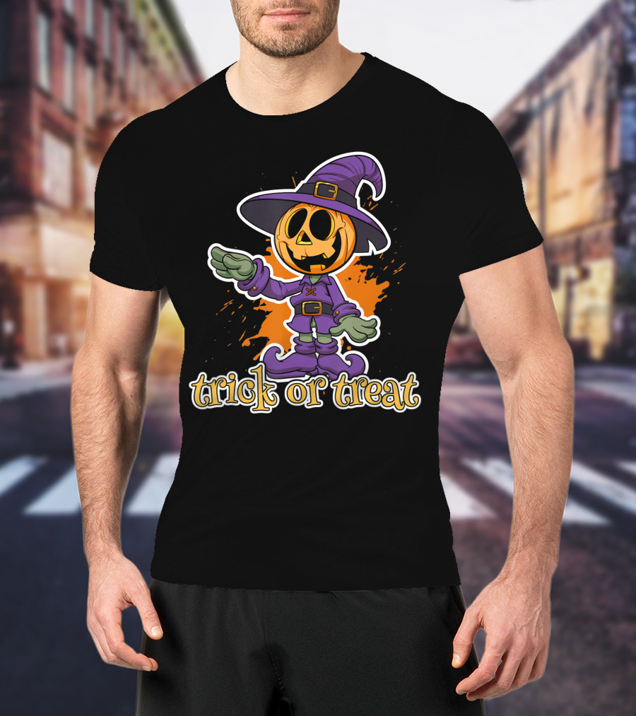 Trick Or Treat Funny Halloween Pumpkin In Witch Hat T-Shirt