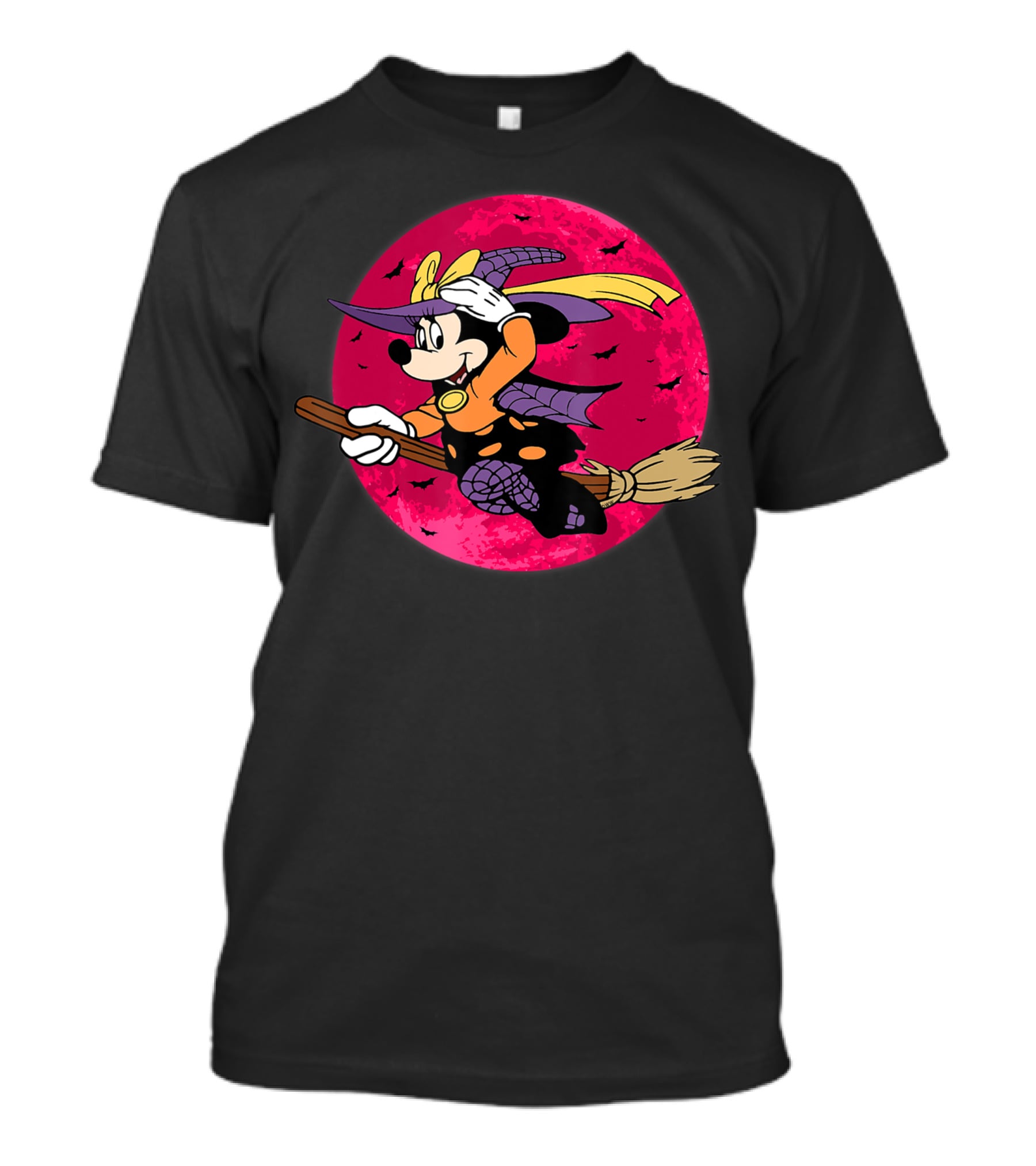 Happy Halloween Witch Costume Broomstick Against Pink Moon With Bats T-Shirt