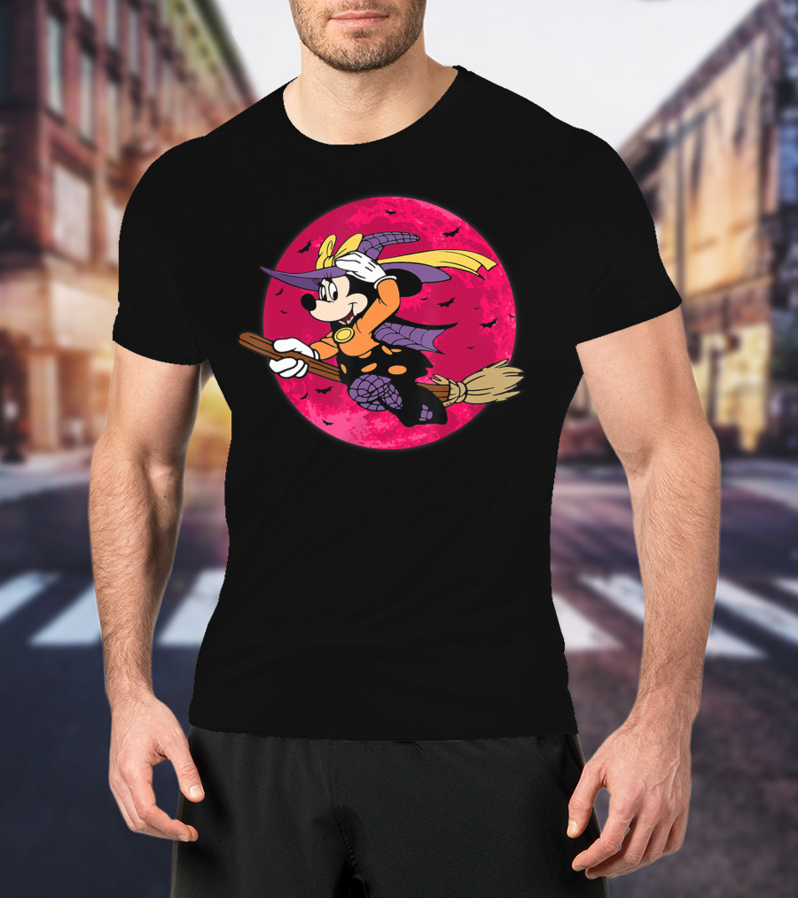 Happy Halloween Witch Costume Broomstick Against Pink Moon With Bats T-Shirt