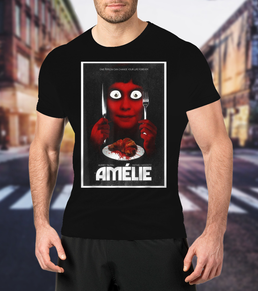 Amélie Horror Parody Audrey Tautou Matthieu Kassovitz Creepy Croissant T-Shirt