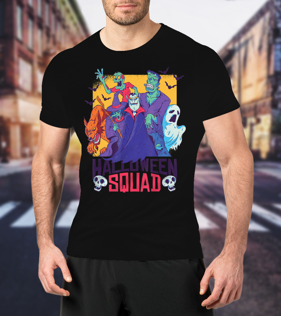 Halloween Squad Funny Horror Characters Vampire Wolf Zombie Ghost Monster T-Shirt