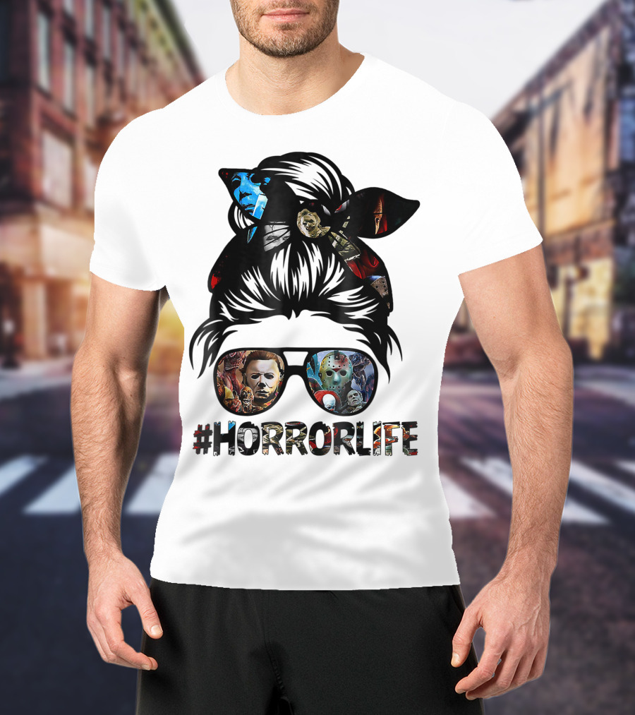 Horror Life Girl With Iconic Halloween Movie Characters T-Shirt