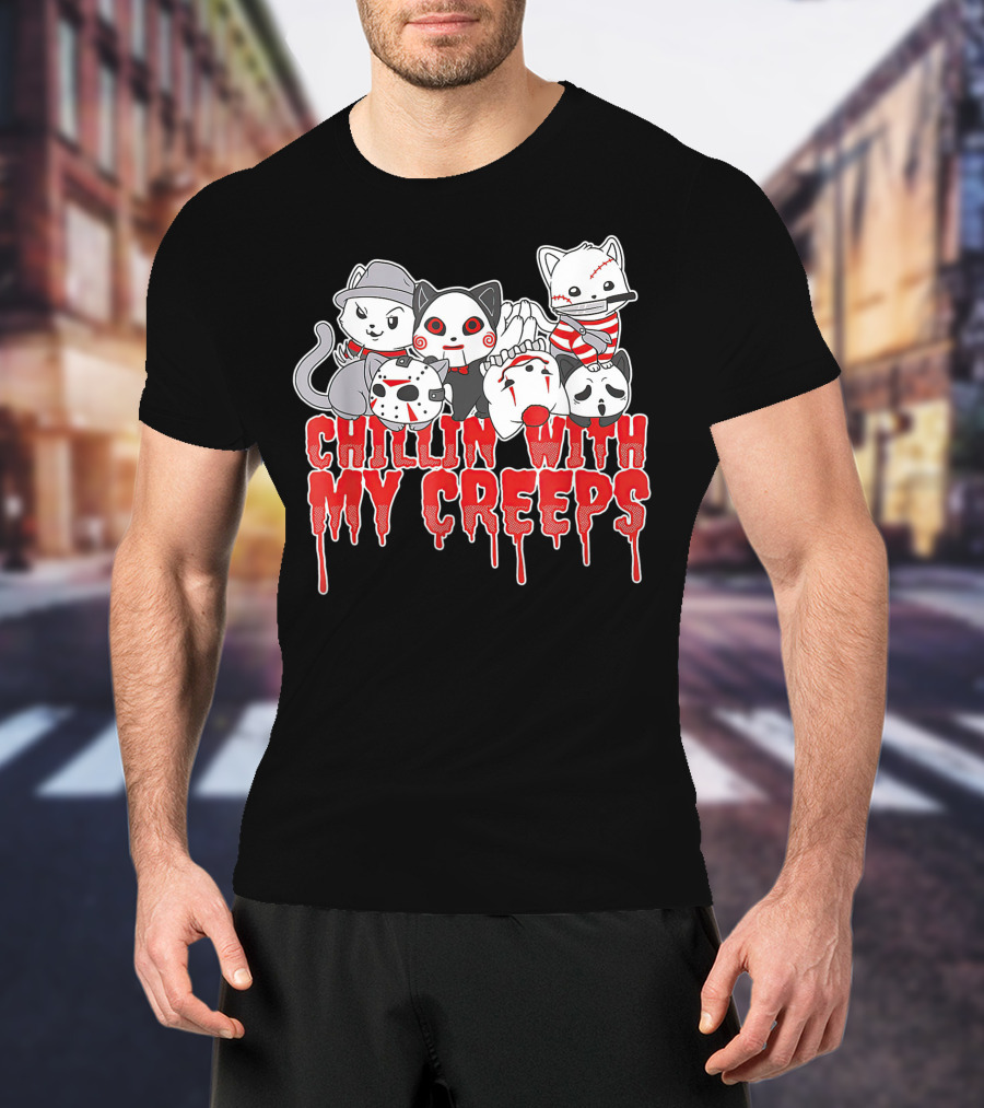 Chillin With My Creeps Halloween Cats In Costumes T-Shirt