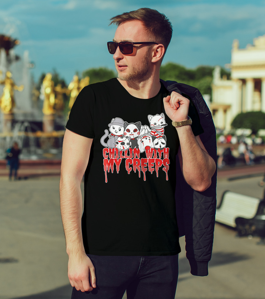 Chillin With My Creeps Halloween Cats In Costumes T-Shirt