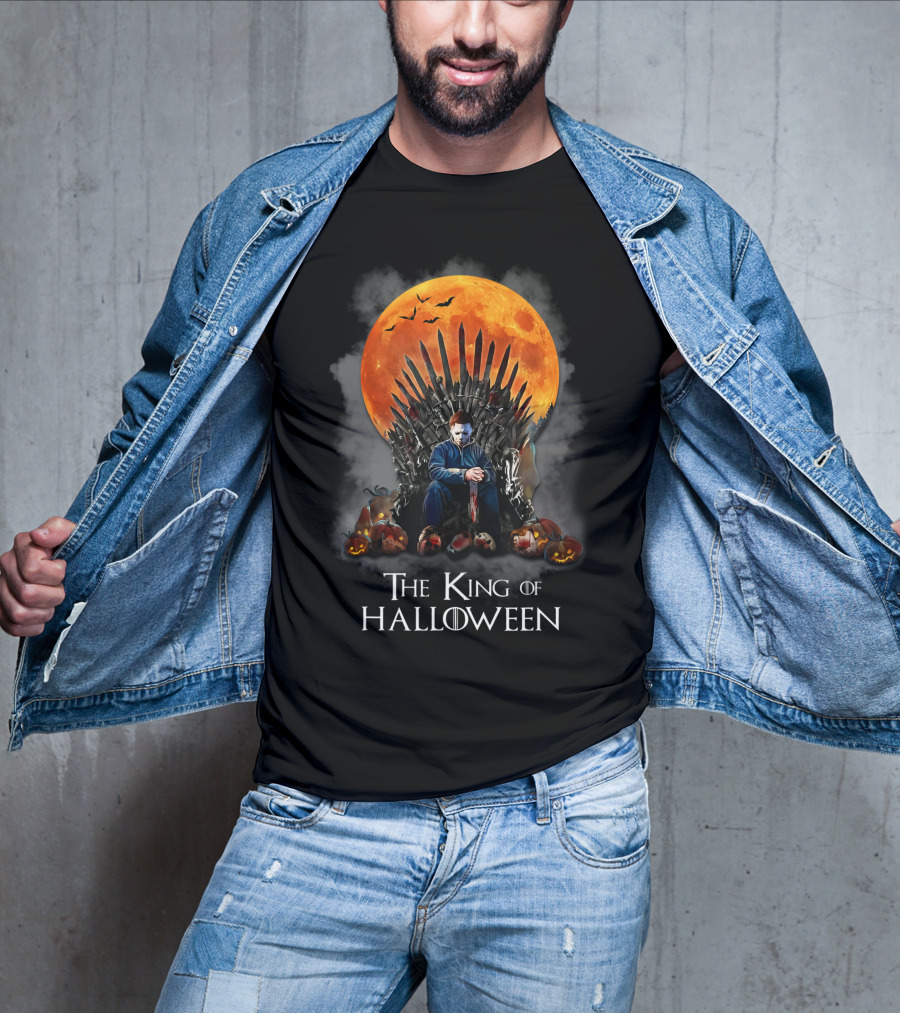 The King Of Halloween Horror Characters On Throne With Full Moon And Pumpkins T-Shirt